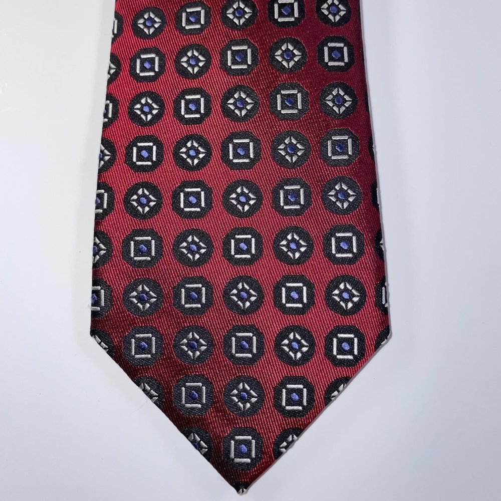 Silk Gucci Tie - Dark Red W/Multi-Colored Geometric Jacquard Design - EUC